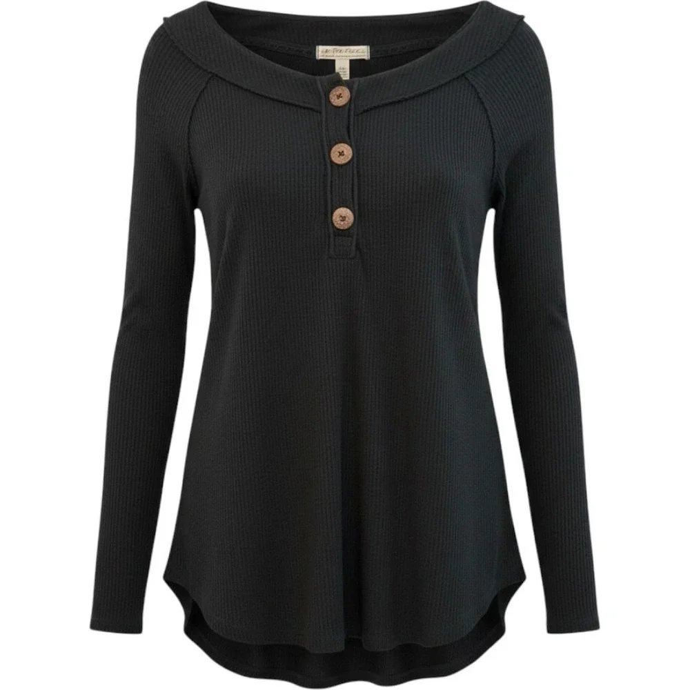 Free People Size XS Black Long Sleeve Callisto Henley Waffle Knit‎ Tunic Top